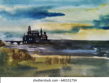 Abandoned castle on the island, hand drawing  watercolor illustration