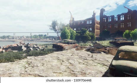 An abandoned desolate land. A wasteland of rusty abandoned cars and abandoned houses. Piles of technological rusty and dusty debris. The concept of the Apocalypse. 3D Rendering