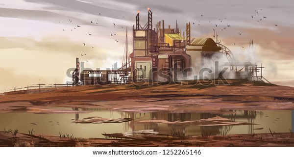 廃工場 廃坑坑 小説の背景 コンセプトアート リアルイラスト ビデオゲームデジタルcgアートワーク 自然の風景 のイラスト素材