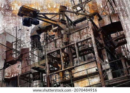 Abandoned factory. Rusty metal structures. Industrial themes. Digital watercolor painting.