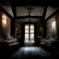Abandoned Haunted House Interior. 3D Illustration.