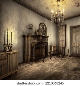 Abandoned Haunted House Interior. 3D Illustration.