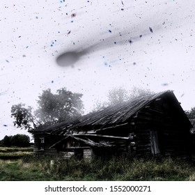 An Abandoned House In A Dying Ghost Village And A Space Cataclysm With A Meteorite Fall. Elements Of Image Furnished By NASA.