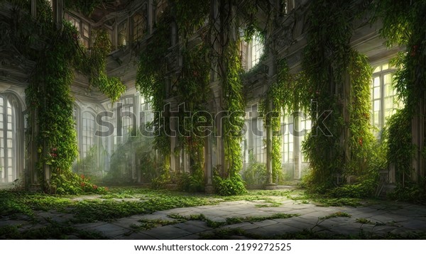 Abandoned palace castle overgrown with vegetation, ivy and vines. Empty atrium halls, no one around. Building is captured by nature and vegetation. 3d illustration