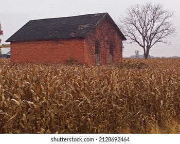 Abandoned Red Brick Schoolhouse In Corn Field.