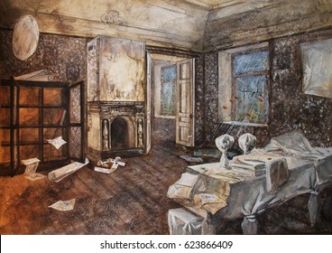 Abandoned room, hand drawn watercolor illustration