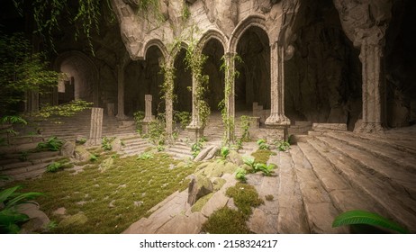 Abandoned ruins of a fantasy gothic temple or tomb. 3D rendering.