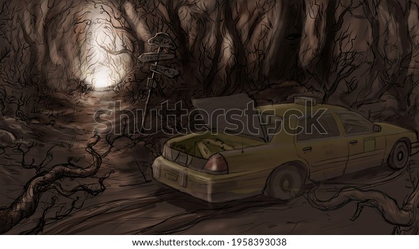 Abandoned taxi in a dark and scary forest on\
the side of the road in the village. Sketch of a colored majina in\
the forest illustration vrt\
background.