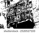 Abandoned tenement building with cracked brick facade, boarded windows, and a grunge look.