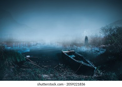 Abandoned Wooden Boat On Haunted Lake Shore With Female Ghost Spirit Emerging On It.