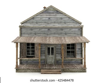 Abandoned Wooden House Isolated On White Background Front View, 3D Rendering