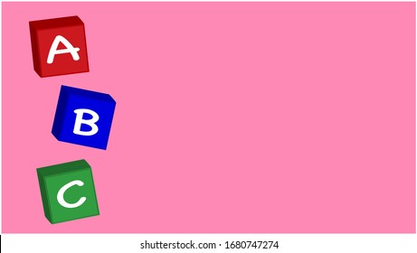 ABC 3D Bright Colored Blocks Falling On Soft Pink Background With Copy On Right. Education, Learning, Preschool, Concepts. 