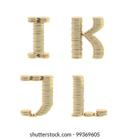 ABC alphabet symbols made of golden glossy coins isolated on white