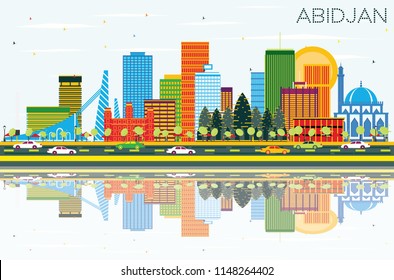 Abidjan Ivory Coast City Skyline With Color Buildings, Blue Sky And Reflections. Business Travel And Tourism Concept With Modern Architecture. Abidjan Cityscape With Landmarks.