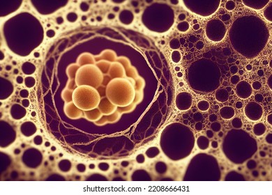 Abnormal Cancer Cell Growth And Division Inside Human Tissue. Cancerous Cellular Particles Dividing Giving Metastasis. Unhealthy Organism Under Microscope. Oncology Awareness Concept