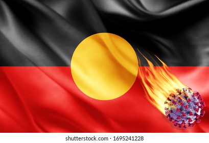 Aboriginal Australia Flag Of Silk With Covid-19 Coronavirus And Fire Flames -3D Illustration