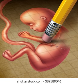 Abortion or miscarriage medical concept as a fetus in a pregnant human uterus being erased by a pencil as a reproductive health loss metaphor for termination of a pregnancy.