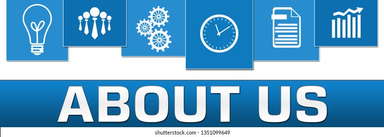 About us concept image with text and related symbols.
