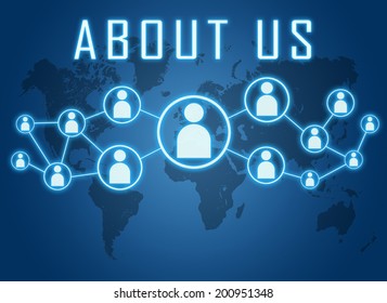 About us concept on blue background with world map and social icons.