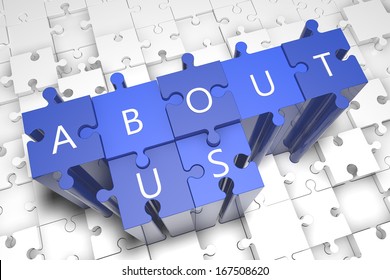 About Us - Puzzle 3d Render Illustration With Block Letters On Blue Jigsaw Pieces 