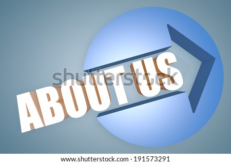 About us - text 3d render illustration concept with a arrow in a circle on blue-grey background