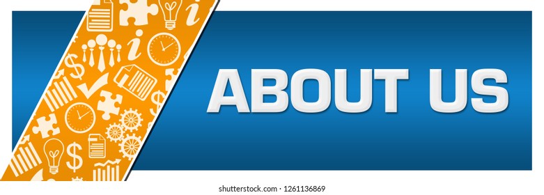 About us text written over blue orange background.