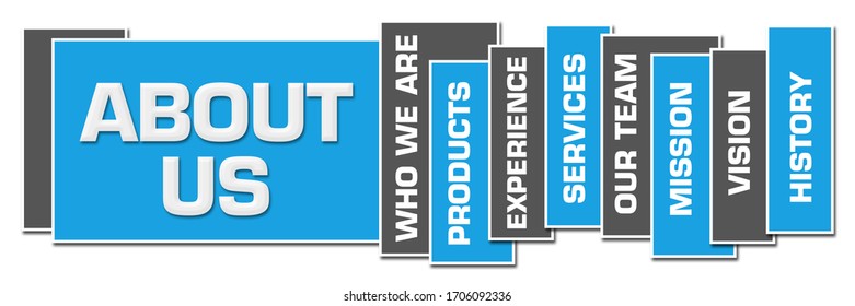 About us text written over blue grey background.