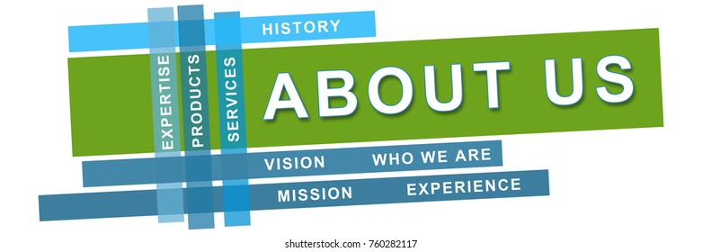 About Us text written over blue background.