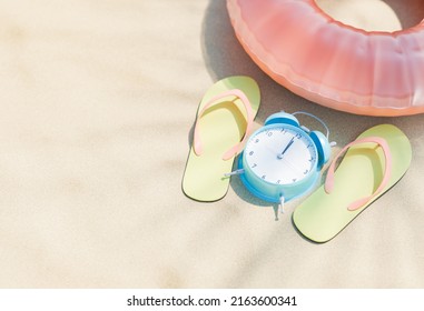 From above 3D rendering of flip flops and inflatable swim tube with alarm clock placed on sandy beach on sunny summer day