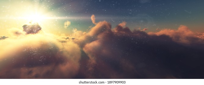 above clouds fly sunset sun ray illustration, 3d render - Shutterstock ID 1897909903