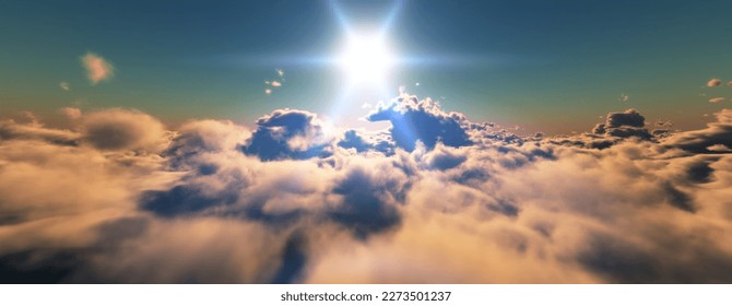 above clouds fly sunset sun ray illustration, 3d render