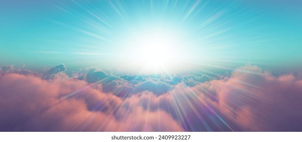 above clouds fly sunset sun ray illustration, 3d render