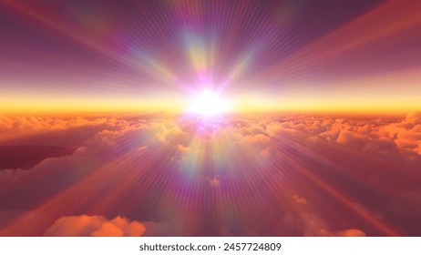 above clouds fly sunset sun ray illustration, 3d render