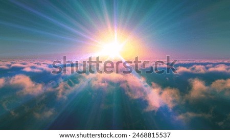 above clouds fly sunset sun ray illustration, 3d render