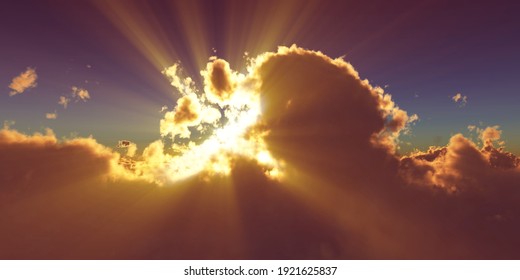 above clouds sun ray sunset. 3d render illustration