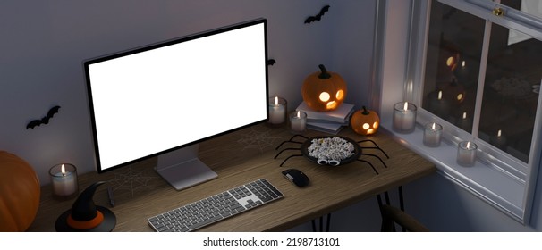 Above View, Modern Dark Home Workspace In Halloween Theme, Blank PC Desktop Computer Mockup, Keyboard, Spider Popcorn Bucket And Halloween Decor Stuff. 3d Rendering, 3d Illustration