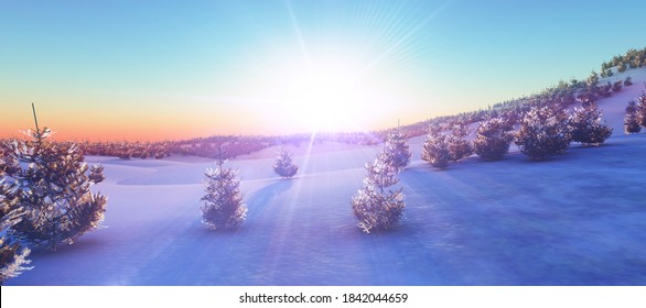 Above Winter Forest Mountain Sunset 3D Rendering Illustration