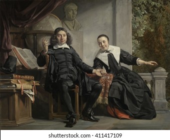 Abraham Casteleyn and his Wife, Margarieta van Bancken, by Jan de Bray, 1663, Dutch oil painting. Casteleyn was a printer and founded the newspaper Haerlemse Courant. The books and globe, allude to h