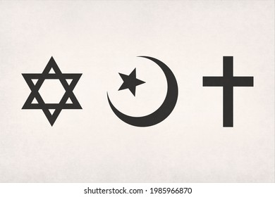 The Abrahamic symbols (Judaism, Islam and Christianity) printed on paper. - Shutterstock ID 1985966870