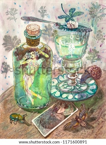 Absinth fairy. Beautiful girl in a belly dance costume, green absinthe bottle, glass, insects, dragonfly, snail, beetle, death's head hawkmoth, art nouveau picture. Fantasy gothic vintage illustration