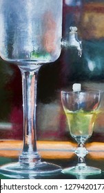 Absinthe Drip Cocktail  - Pastel Illustration. Image Shows A Very Cold Container Slowly Dripping Water Onto A Sugar Cube And Into The Liquor. This Is A Popular Drink In New Orleans, LA USA