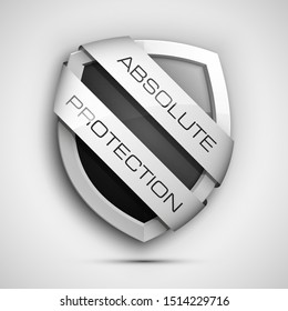Absolute Protection guard shield two strips. Safety badge, Absolute protection icon. Privacy banner shield. Security label. Defense two strips tag. Presentation sticker shield. Defense safeguard sign