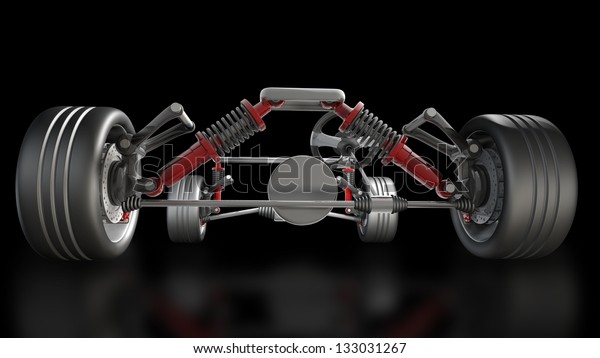 absorber, brake pads and Wheels isolated on\
black background High resolution 3d\
render