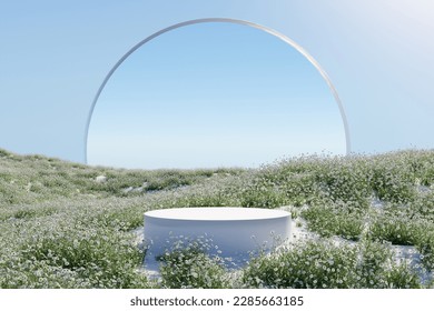 Abstact 3d render Natural background  White podium the snow ground   flowers field  backdrop glass arch   clear sky for product display  advertising  cosmetic etc