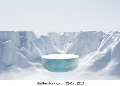 Abstact 3d render platform winter scene background, Ice podium on ice snow mountain with snow covered ground for product display advertising cosmetic beauty products or skincare with empty round  - Powered by Shutterstock