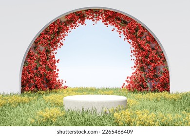 Abstact 3d render spring scene and Natural podium background, Stone podium on yellow flowers, grass field, backdrop red flowers arch door, sky and clouds for product display advertising, cosmetic, etc