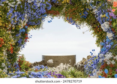 Abstact 3d render spring scene and Natural podium background, Stone podium on colorful wild flowers field in the cave for product display, mockup, advertising or etc