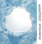 Abstact 3d render winter scene and Natural podium background, Ice podium on the ice mountain cave for product display, advertising, mockup or etc