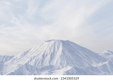 Abstact 3d render winter scene and Natural podium background, Big volcano with small snow mountain, Backdrop beautiul sky and cloud for product display, mock up or etc 