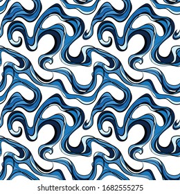 Abstact waves seamless pattern, irregular dynamic lines, vibrant stripes, blue color background